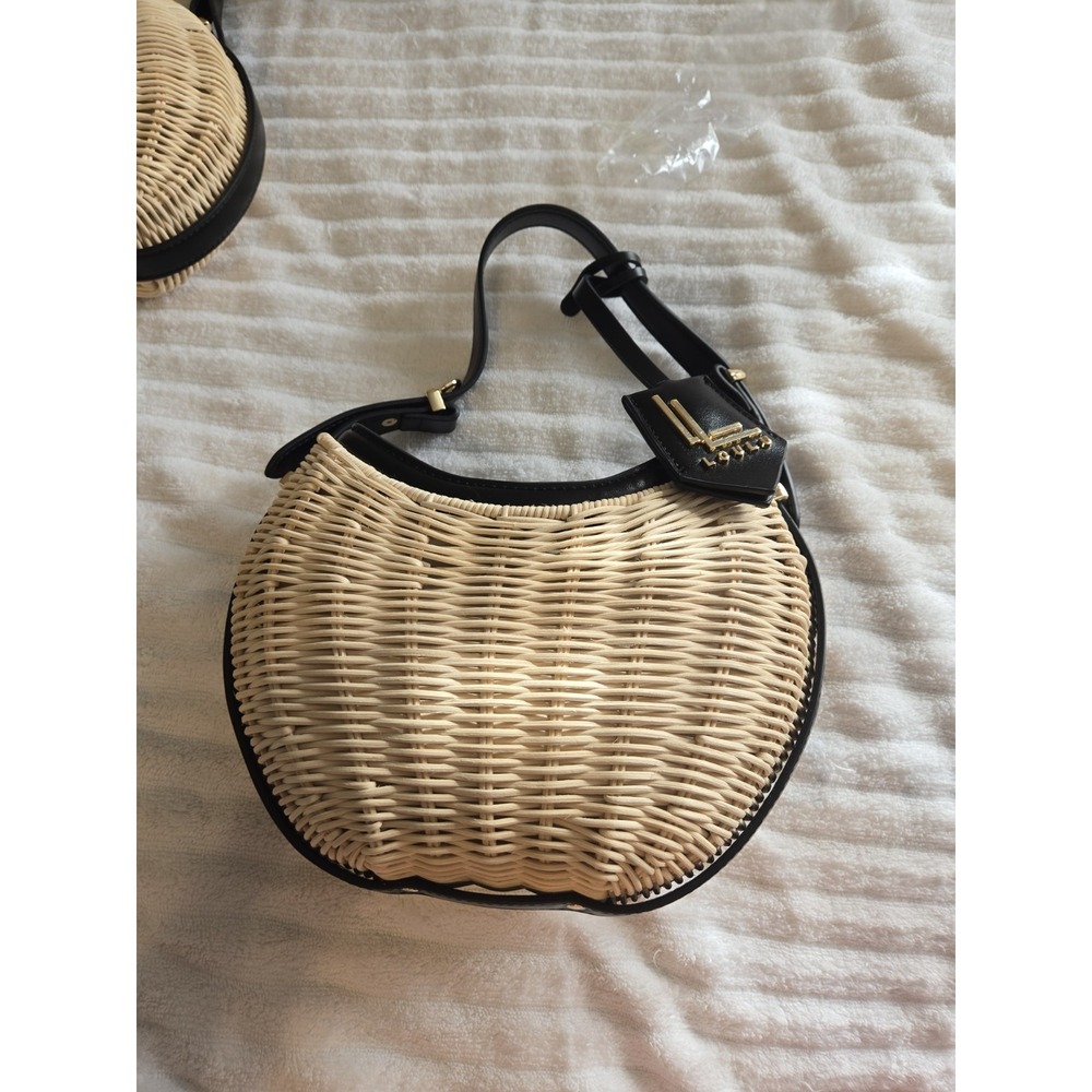 Loulu Woven Mini Wicker Bag Blk Faux Leather Trim Top Handle Crossbody Strap (F) - Picture 6 of 9